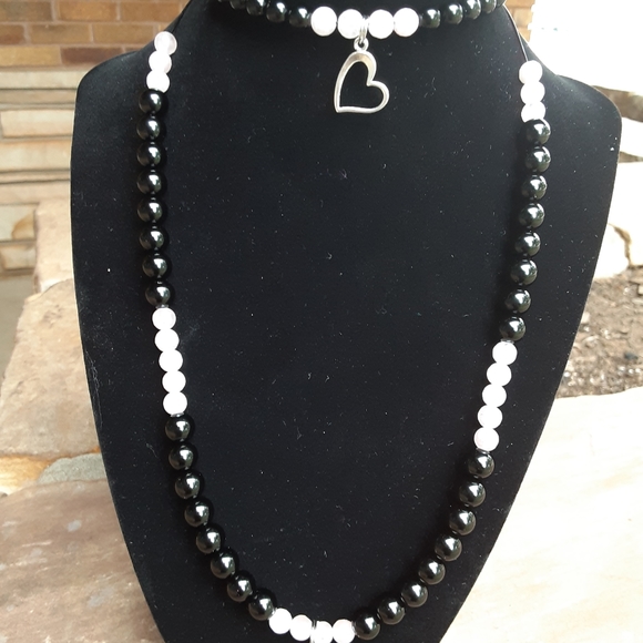 Rose Quartz Black Onyx Necklace and Bracelets - Picture 1 of 2